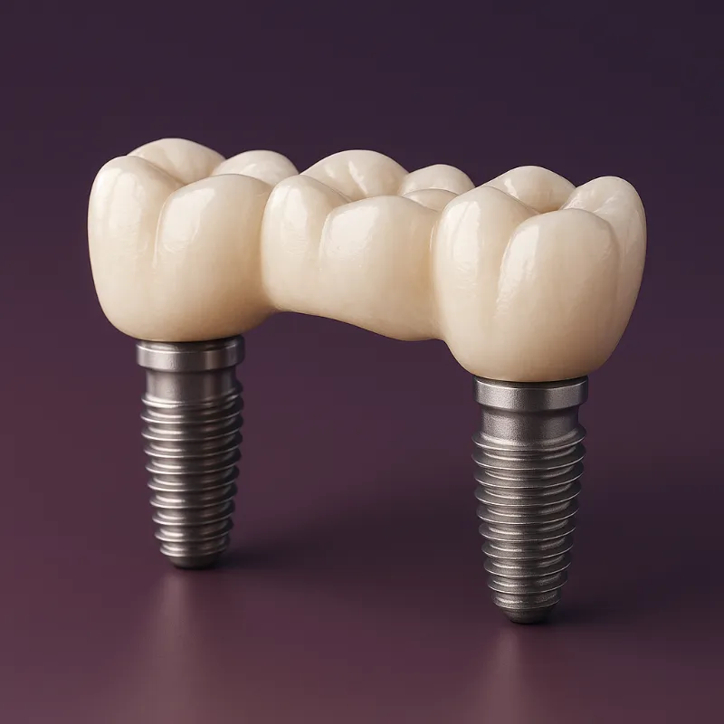Fixed bridge supported by dental implants replacing multiple teeth